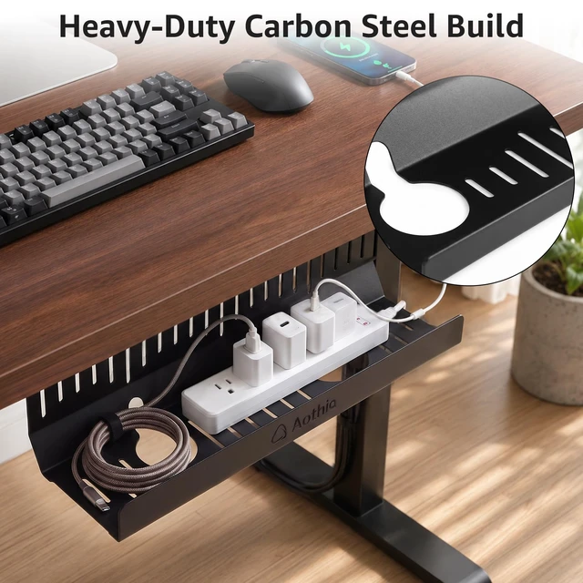 Alt view image 3 of 7 - Under Desk Cable Management Tray (16.5 in, Metal, Black) Powder-coated steel C-shaped tray holds power strips and adapters with open cable access for desks and workstations