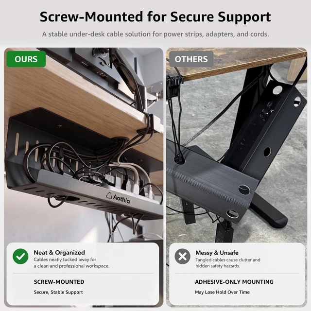 Alt view image 6 of 7 - Under Desk Cable Management Tray (16.5 in, Metal, Black) Powder-coated steel C-shaped tray holds power strips and adapters with open cable access for desks and workstations