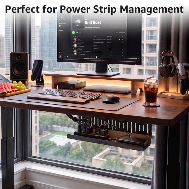 Alt view image 7 of 7 - Under Desk Cable Management Tray (16.5 in, Metal, Black) Powder-coated steel C-shaped tray holds power strips and adapters with open cable access for desks and workstations