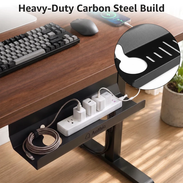 Alt view image 3 of 7 - Under Desk Cable Management Tray (16.5 in, Metal, Black) Powder-coated steel C-shaped tray holds power strips and adapters with open cable access for desks and workstations