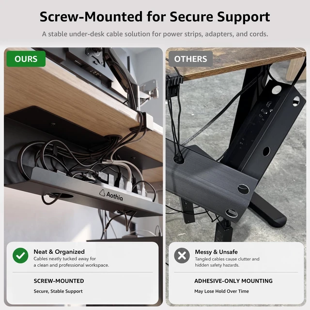 Alt view image 6 of 7 - Under Desk Cable Management Tray (16.5 in, Metal, Black) Powder-coated steel C-shaped tray holds power strips and adapters with open cable access for desks and workstations