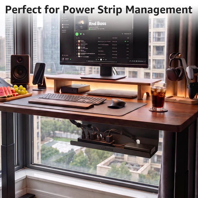Alt view image 7 of 7 - Under Desk Cable Management Tray (16.5 in, Metal, Black) Powder-coated steel C-shaped tray holds power strips and adapters with open cable access for desks and workstations