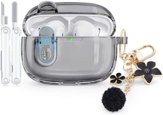 Main image of for JBL Vibe Beam 2 (2025)/JBL Vibe Beam (2023) with Safety Lock,Black Soft TPU Clear Case with Cleaner Kit and Bling Keychain for JBL Vibe 200TWS (2022) for Women Girls,Shockproof Protection