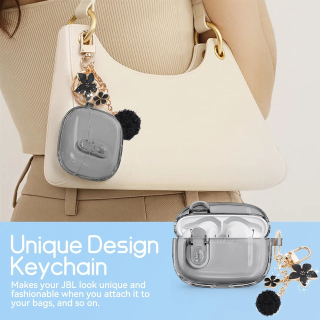 Alt view image 4 of 6 - for JBL Vibe Beam 2 (2025)/JBL Vibe Beam (2023) with Safety Lock,Black Soft TPU Clear Case with Cleaner Kit and Bling Keychain for JBL Vibe 200TWS (2022) for Women Girls,Shockproof Protection