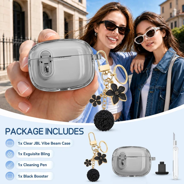 Alt view image 6 of 6 - for JBL Vibe Beam 2 (2025)/JBL Vibe Beam (2023) with Safety Lock,Black Soft TPU Clear Case with Cleaner Kit and Bling Keychain for JBL Vibe 200TWS (2022) for Women Girls,Shockproof Protection