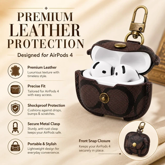 Alt view image 6 of 7 - for AirPods 4 Case, Leather Full Body Shockproof Protective Cover (B) For AirPods 5/4 (2026/2024) Standard/ANC; scratch-proof leather, snap flap, key clip, shockproof, fast-charge cutouts