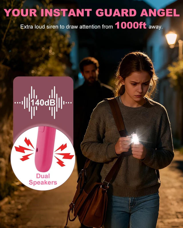 Alt view image 2 of 7 - Personal Safety Alarm for Women - Waterproof Rechargeable Security Alarm - 140dB Extra Loud Siren with SOS Strobe Light - Self Defense Keychain for Women Girls Teens Seniors(Cherry)