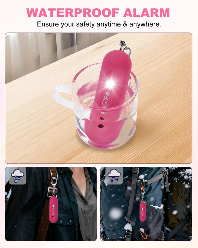 Alt view image 3 of 7 - Personal Safety Alarm for Women - Waterproof Rechargeable Security Alarm - 140dB Extra Loud Siren with SOS Strobe Light - Self Defense Keychain for Women Girls Teens Seniors(Cherry)