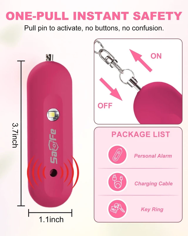Alt view image 5 of 7 - Personal Safety Alarm for Women - Waterproof Rechargeable Security Alarm - 140dB Extra Loud Siren with SOS Strobe Light - Self Defense Keychain for Women Girls Teens Seniors(Cherry)