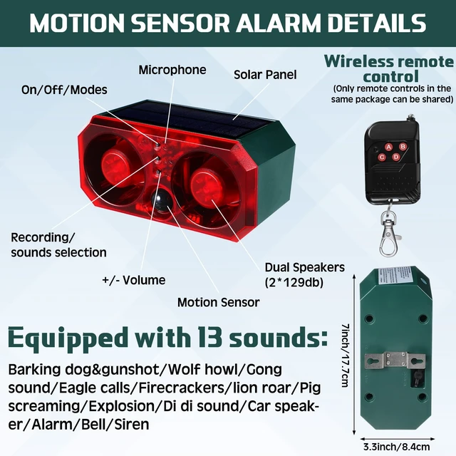 Alt view image 2 of 7 - 2 Pcs Solar Outdoor Motion Sensor Alarm with Stake Dog Barking Sensor 13 Sound 130db Loud Noise Maker 4 Mode with USB Remote Control Support Recording Volume Adjustment