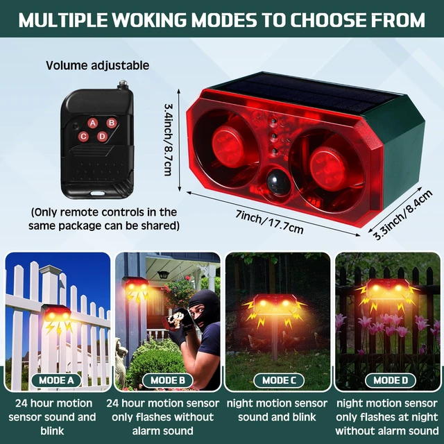 Alt view image 3 of 7 - 2 Pcs Solar Outdoor Motion Sensor Alarm with Stake Dog Barking Sensor 13 Sound 130db Loud Noise Maker 4 Mode with USB Remote Control Support Recording Volume Adjustment