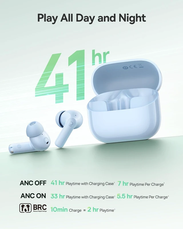 Alt view image 5 of 7 - Bass BP1 NC Hybrid Active Noise Cancelling Wireless Earbuds, 12mm Super-Bass Driver, 41H Playtime, Bluetooth 6.0, IP55 Waterproof, 4-Mic AI ENC, 24 Customizable EQ (Blue)