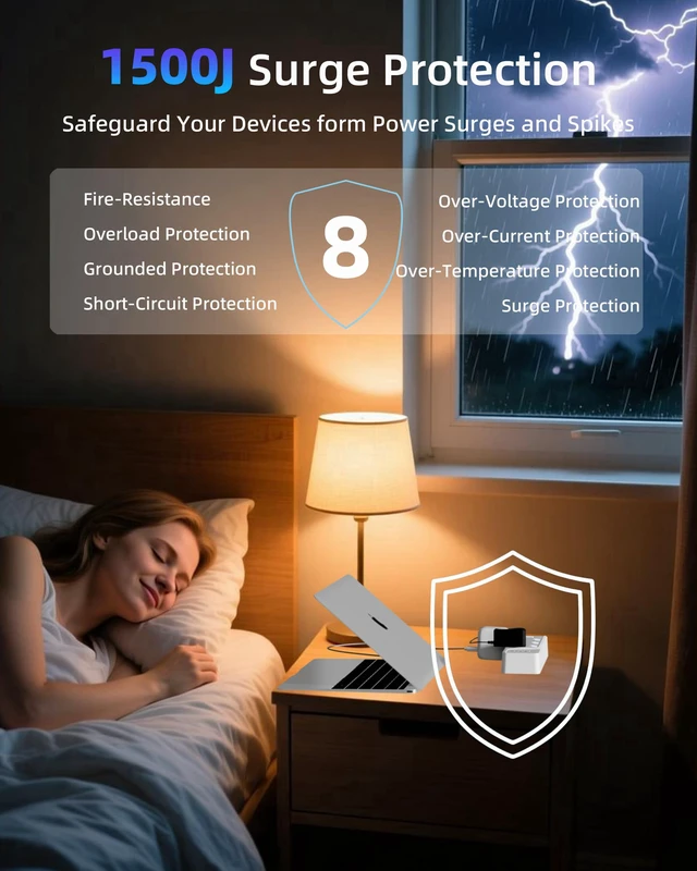 Alt view image 4 of 7 - Surge Protector Power Strip with Individual Switches - 6 Wide Spaced Outlet 4 USB Ports(2 USB C), 6 ft Extension Cord with Switch On/Off, 1500J, Flat Plug, Wall Mount for Home Office, White