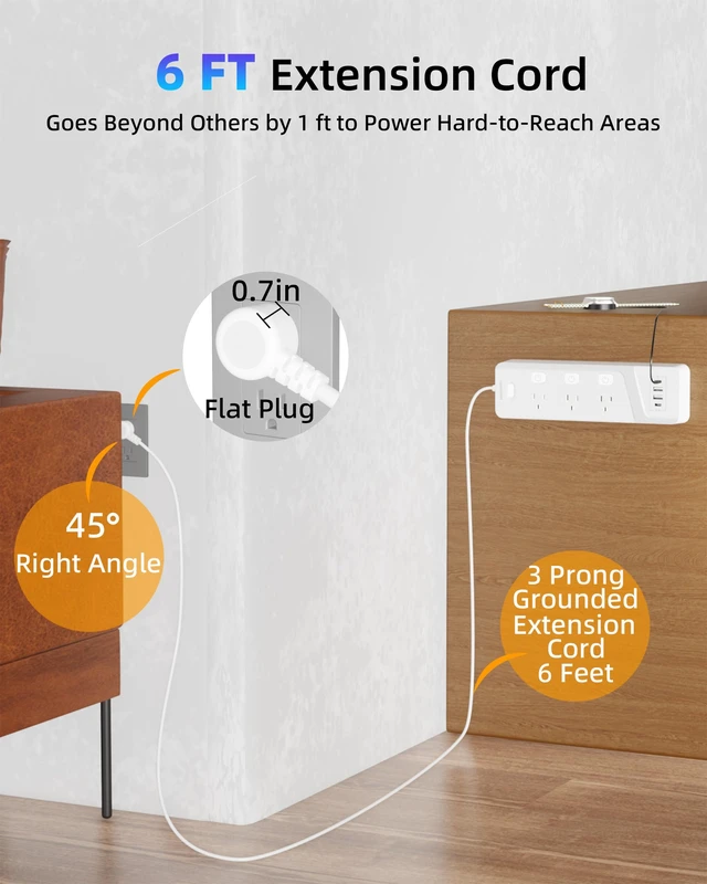 Alt view image 5 of 7 - Surge Protector Power Strip with Individual Switches - 6 Wide Spaced Outlet 4 USB Ports(2 USB C), 6 ft Extension Cord with Switch On/Off, 1500J, Flat Plug, Wall Mount for Home Office, White