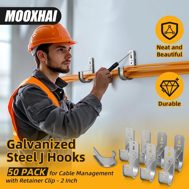 Alt view image 6 of 7 - 30 Pack 2 Inch J Hooks for Cable Management with Retainer Clips J Hooks for Hanging: Retainer clips help secure low-voltage cables; wall or ceiling mount design keeps wiring organized
