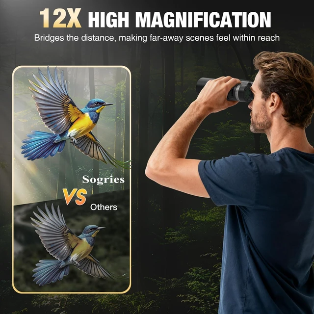 Alt view image 4 of 7 - 12x42 HD Binoculars for Adults with Phone Adapter, Tripod & Tripod Adapter BAK4,FMC,Waterproof,Fogproof,High Powered for Bird Watching,Hiking,Travel