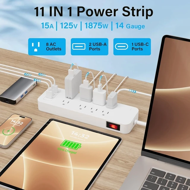 Alt view image 2 of 7 - Surge Protector Power Strip 6 Ft Extension Cord, 8 Widely Spaced Outlets with 2 USB-A&1 USB-C PD 20W Charging Station, Flat Plug Wall Mountable Multi Outlet Extender, 14AWG 2450J/125V,ETL-White