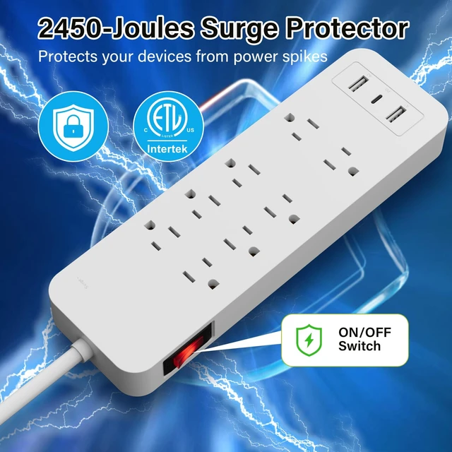 Alt view image 3 of 7 - Surge Protector Power Strip 6 Ft Extension Cord, 8 Widely Spaced Outlets with 2 USB-A&1 USB-C PD 20W Charging Station, Flat Plug Wall Mountable Multi Outlet Extender, 14AWG 2450J/125V,ETL-White