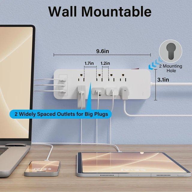 Alt view image 6 of 7 - Surge Protector Power Strip 6 Ft Extension Cord, 8 Widely Spaced Outlets with 2 USB-A&1 USB-C PD 20W Charging Station, Flat Plug Wall Mountable Multi Outlet Extender, 14AWG 2450J/125V,ETL-White