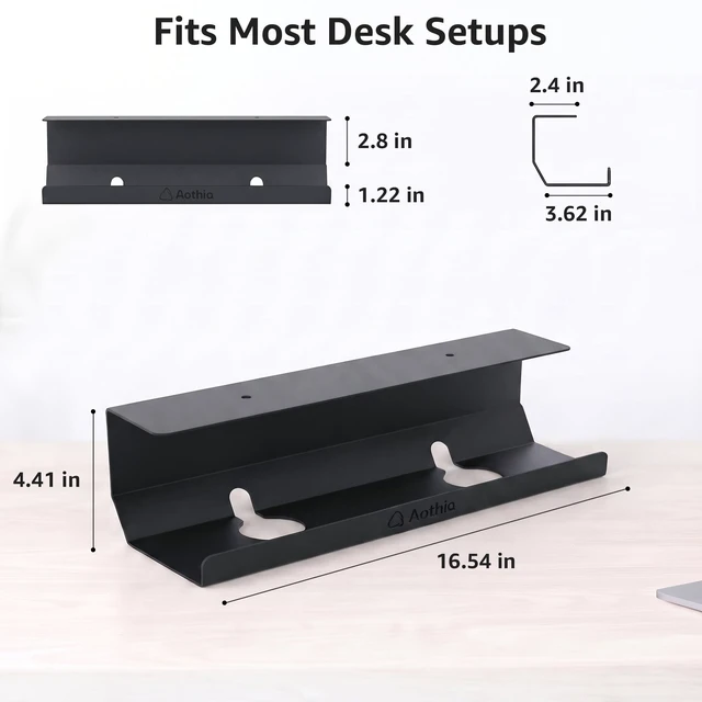 Alt view image 2 of 7 - Under Desk Cable Management Tray (16.5 in, Metal, Black) Powder-coated steel C-shaped tray holds power strips and adapters with open cable access for desks and workstations
