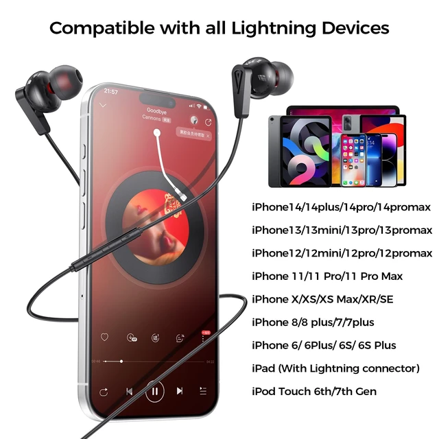 Alt view image 4 of 7 - Lightning Headphones Wired HiFi Earphones for iPhone 14 13 12 11 Pro Max Noise Isolating with Mic in-Ear Buds & Volume Control for XSMAX XR 8plus no Bluetooth