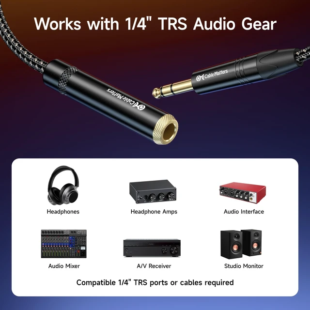 Alt view image 4 of 6 - Braided 1/4 Inch TRS Extension, 25ft 1/4 Inch Male to Female, Male-to-Female Extension, Braided Jacket, Gold-Plated Connectors