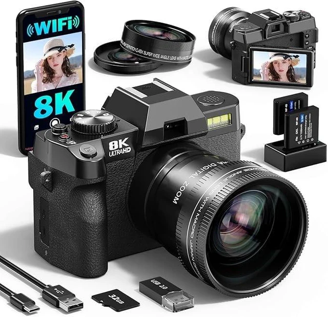 Main image of 8K Digital Cameras for Photography with Dual-Lens, 64MP WiFi Vlogging Point and Shoot Camera Kit with 180° Flip Screen, 16X Zoom, 32GB Card, Portable Camera for Beginners, Teens, 2 Batteries