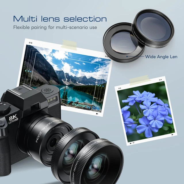 Alt view image 5 of 7 - 8K Digital Cameras for Photography with Dual-Lens, 64MP WiFi Vlogging Point and Shoot Camera Kit with 180° Flip Screen, 16X Zoom, 32GB Card, Portable Camera for Beginners, Teens, 2 Batteries
