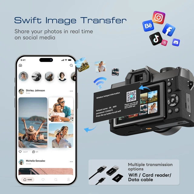 Alt view image 7 of 7 - 8K Digital Cameras for Photography with Dual-Lens, 64MP WiFi Vlogging Point and Shoot Camera Kit with 180° Flip Screen, 16X Zoom, 32GB Card, Portable Camera for Beginners, Teens, 2 Batteries