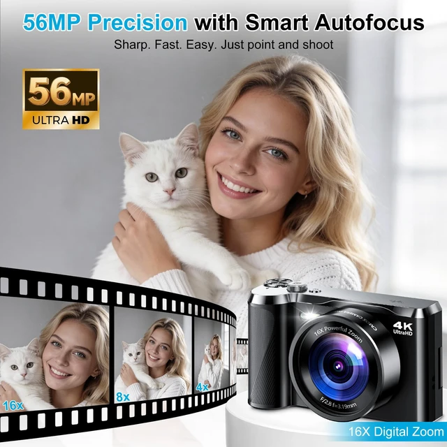 Alt view image 2 of 7 - 4K Digital Camera for Photography & Travel, 56MP Autofocus Point and Shoot Camera with 3'' 180° Flip Screen, 16X Zoom Compact Camera for Beginners, Content Creators, Teens (32GB Card)