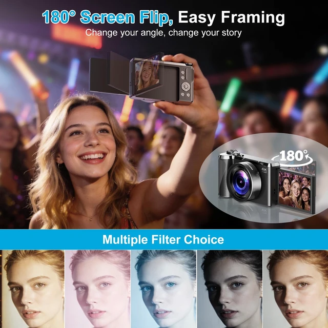 Alt view image 4 of 7 - 4K Digital Camera for Photography & Travel, 56MP Autofocus Point and Shoot Camera with 3'' 180° Flip Screen, 16X Zoom Compact Camera for Beginners, Content Creators, Teens (32GB Card)