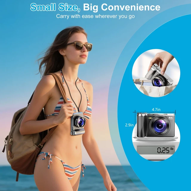 Alt view image 7 of 7 - 4K Digital Camera for Photography & Travel, 56MP Autofocus Point and Shoot Camera with 3'' 180° Flip Screen, 16X Zoom Compact Camera for Beginners, Content Creators, Teens (32GB Card)