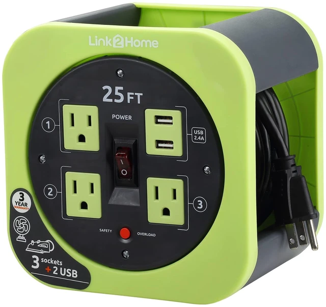 Main image of 4 Reel and USB. 25ft Cable Green 16 AWG SJT cable, 2.4A fast-charge USB, compact storage reel design