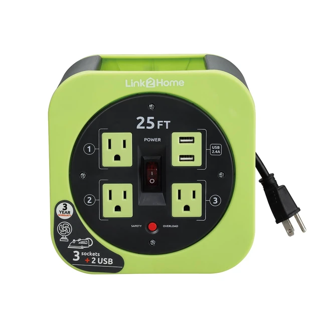 Alt view image 2 of 6 - 4 Reel and USB. 25ft Cable Green 16 AWG SJT cable, 2.4A fast-charge USB, compact storage reel design