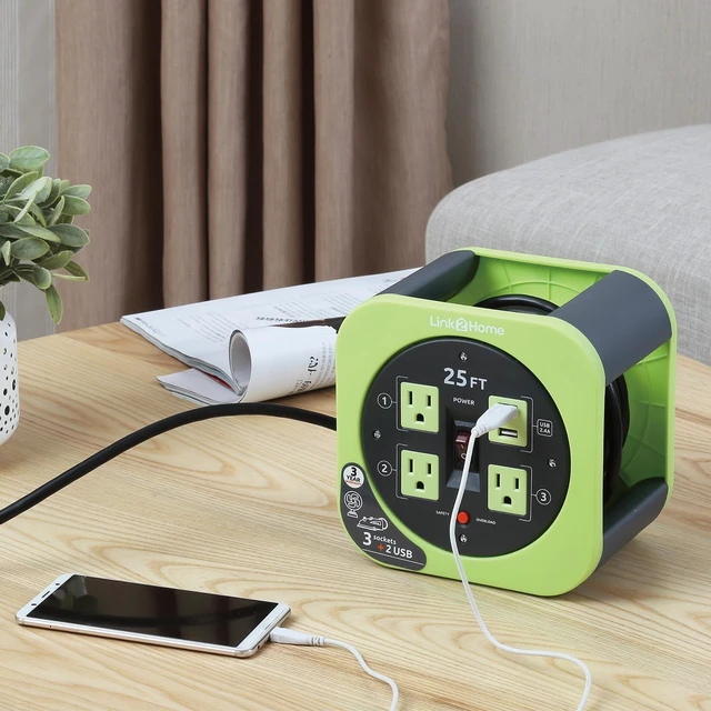 Alt view image 4 of 6 - 4 Reel and USB. 25ft Cable Green 16 AWG SJT cable, 2.4A fast-charge USB, compact storage reel design