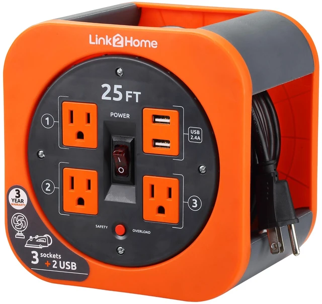 Main image of 25 Ft. Retractable Extension Cord Reel with 3 Outlets, 2 USB Ports, 16AWG 3-Prong SJT Cable, Built-in Circuit Breaker, Orange