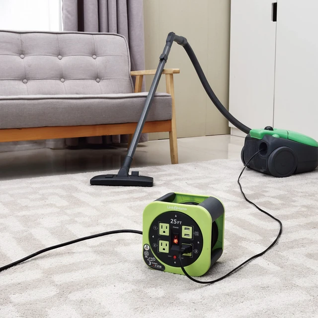 Alt view image 6 of 6 - 4 Reel and USB. 25ft Cable Green 16 AWG SJT cable, 2.4A fast-charge USB, compact storage reel design