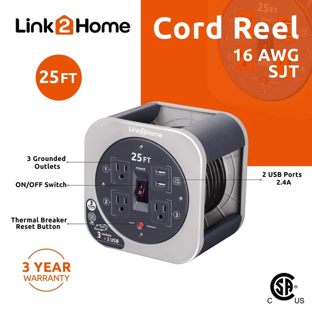 Alt view image 2 of 7 - 25 Ft. Retractable Extension Cord Reel with 3 Outlets, 2 USB Ports, 16AWG 3-Prong SJT Cable, Built-in Circuit Breaker, Orange