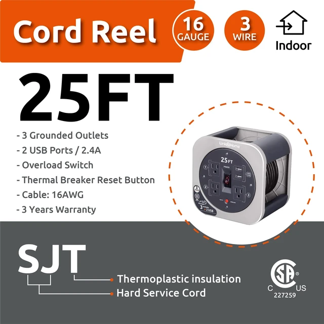 Alt view image 3 of 7 - 25 Ft. Retractable Extension Cord Reel with 3 Outlets, 2 USB Ports, 16AWG 3-Prong SJT Cable, Built-in Circuit Breaker, Orange