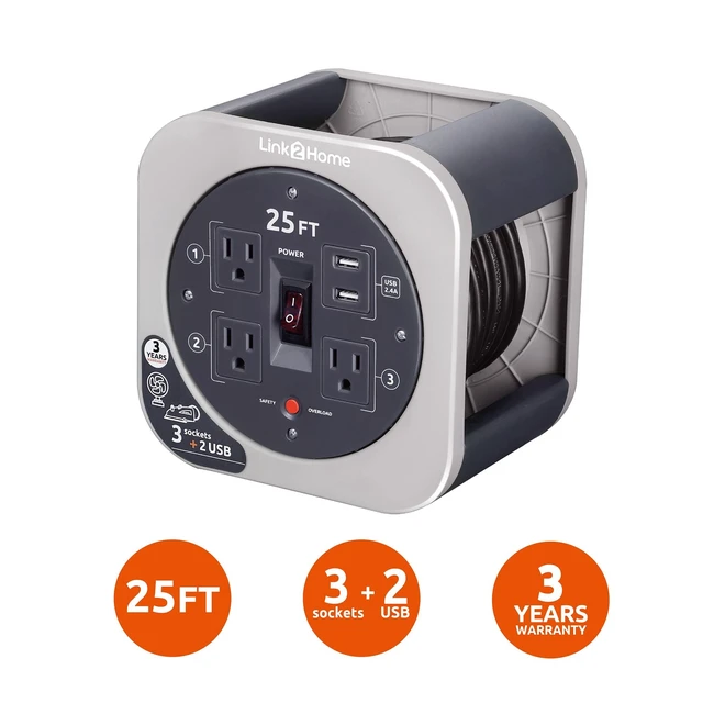 Alt view image 4 of 7 - 25 Ft. Retractable Extension Cord Reel with 3 Outlets, 2 USB Ports, 16AWG 3-Prong SJT Cable, Built-in Circuit Breaker, Orange