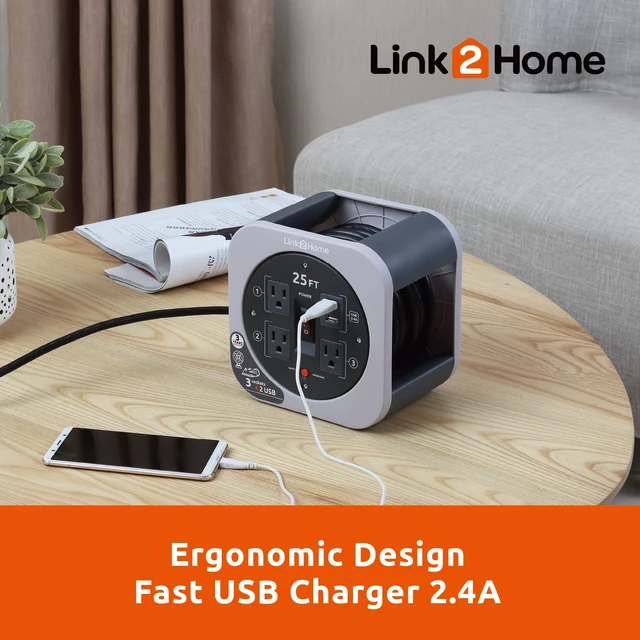 Alt view image 6 of 7 - 25 Ft. Retractable Extension Cord Reel with 3 Outlets, 2 USB Ports, 16AWG 3-Prong SJT Cable, Built-in Circuit Breaker, Orange