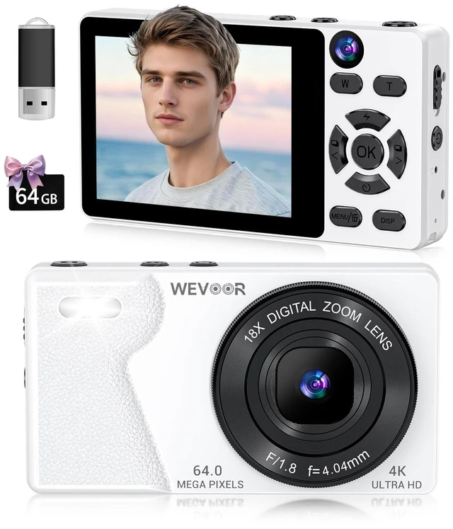 Main image of 4K Digital Camera for Photography- 64MP Autofocus Vlogging Camera with Dual Lens, 18X Digital Zoom- Small Point and Shoot Camera with Card and 2000mAh for YouTube, Travel, Beginners (White)