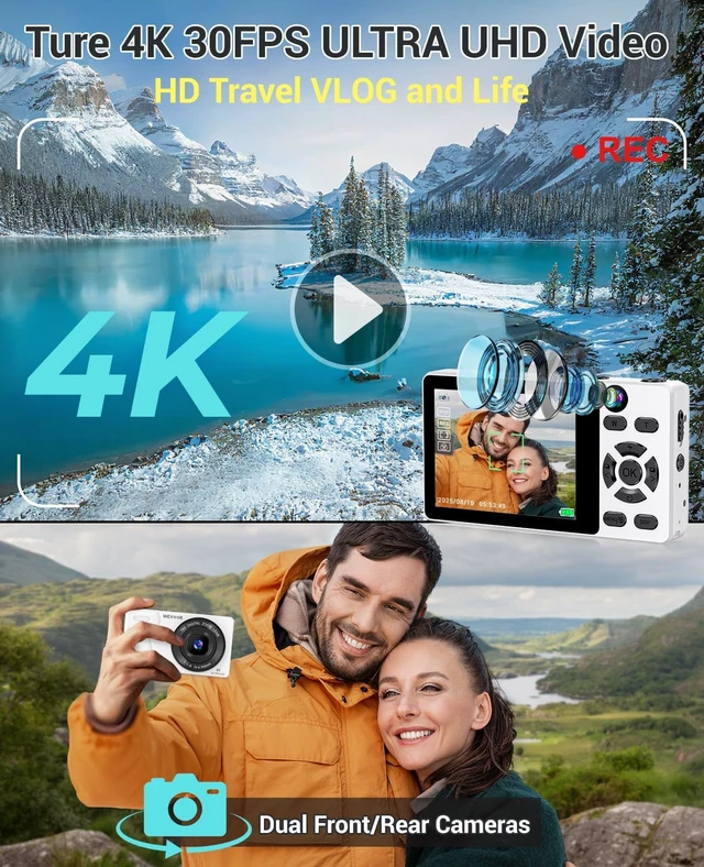 Alt view image 2 of 7 - 4K Digital Camera for Photography- 64MP Autofocus Vlogging Camera with Dual Lens, 18X Digital Zoom- Small Point and Shoot Camera with Card and 2000mAh for YouTube, Travel, Beginners (White)