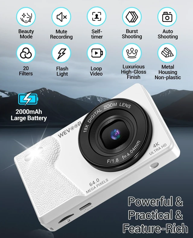 Alt view image 5 of 7 - 4K Digital Camera for Photography- 64MP Autofocus Vlogging Camera with Dual Lens, 18X Digital Zoom- Small Point and Shoot Camera with Card and 2000mAh for YouTube, Travel, Beginners (White)
