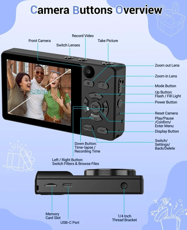 Alt view image 7 of 7 - 4K Digital Camera for Photography- 64MP Autofocus Vlogging Camera with Dual Lens, 18X Digital Zoom- Small Point and Shoot Camera with Card and 2000mAh for YouTube, Travel, Beginners (Black)