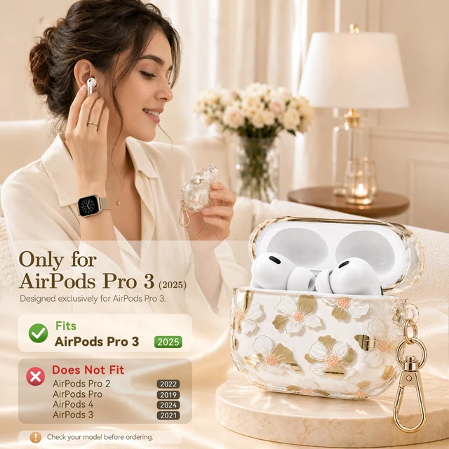 Alt view image 2 of 7 - for AirPods Pro 3 Case Cover 2025 with Keychain,Golden White Lily with Cleaner Pen,Two-Piece Design,Supports Wireless,Gold Stamping Process,Clear Luxury Floral Protector for Women Girly