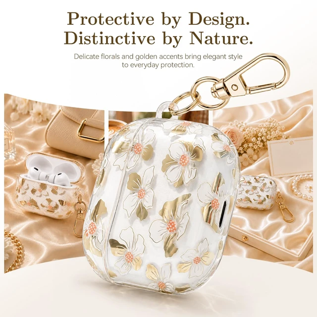 Alt view image 3 of 7 - for AirPods Pro 3 Case Cover 2025 with Keychain,Golden White Lily with Cleaner Pen,Two-Piece Design,Supports Wireless,Gold Stamping Process,Clear Luxury Floral Protector for Women Girly