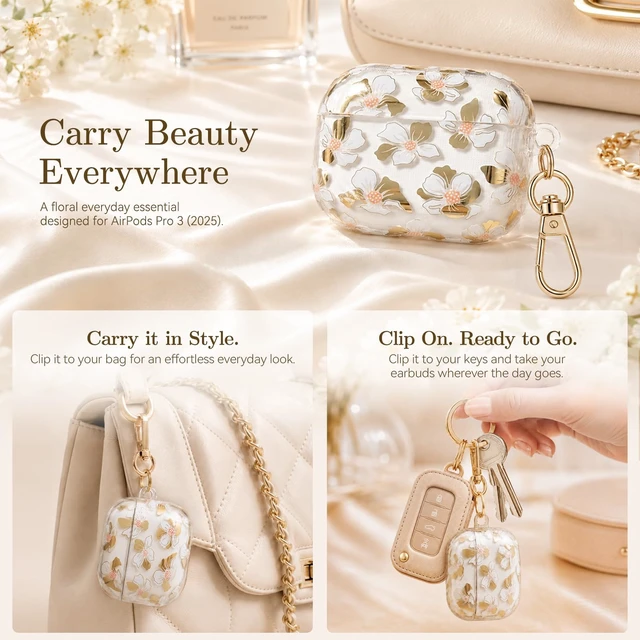 Alt view image 4 of 7 - for AirPods Pro 3 Case Cover 2025 with Keychain,Golden White Lily with Cleaner Pen,Two-Piece Design,Supports Wireless,Gold Stamping Process,Clear Luxury Floral Protector for Women Girly