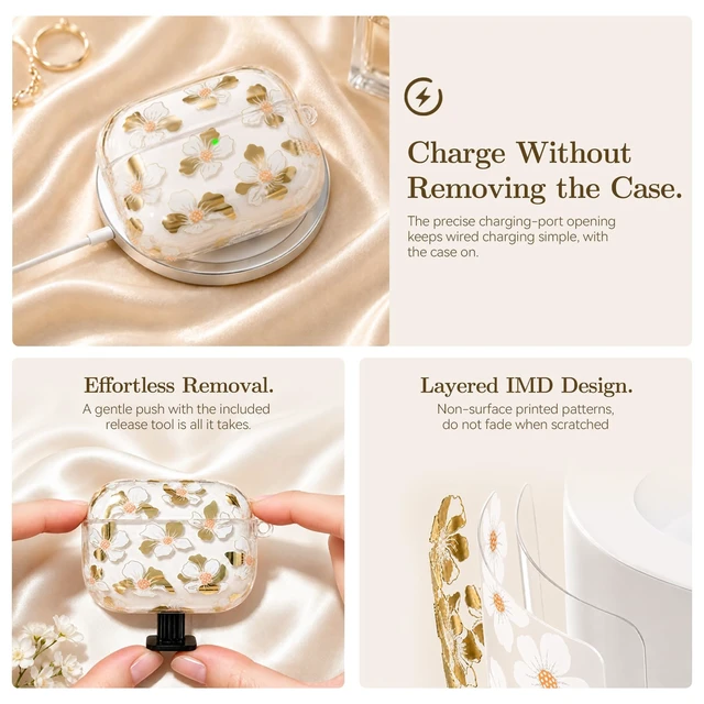 Alt view image 6 of 7 - for AirPods Pro 3 Case Cover 2025 with Keychain,Golden White Lily with Cleaner Pen,Two-Piece Design,Supports Wireless,Gold Stamping Process,Clear Luxury Floral Protector for Women Girly
