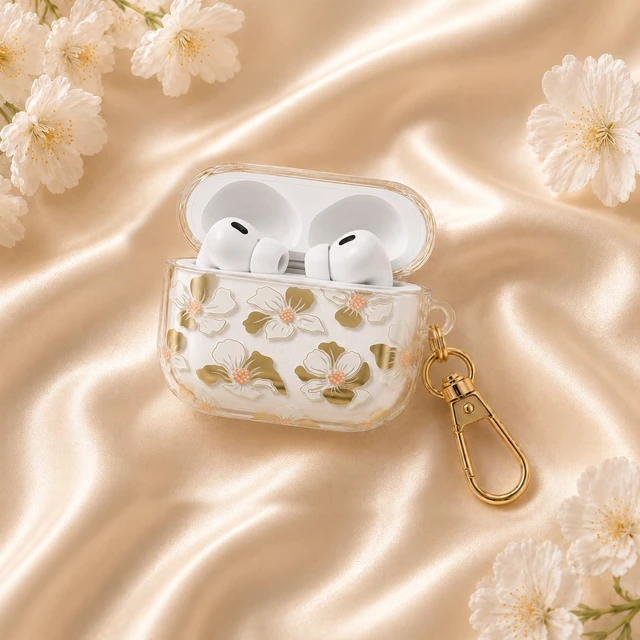 Alt view image 7 of 7 - for AirPods Pro 3 Case Cover 2025 with Keychain,Golden White Lily with Cleaner Pen,Two-Piece Design,Supports Wireless,Gold Stamping Process,Clear Luxury Floral Protector for Women Girly